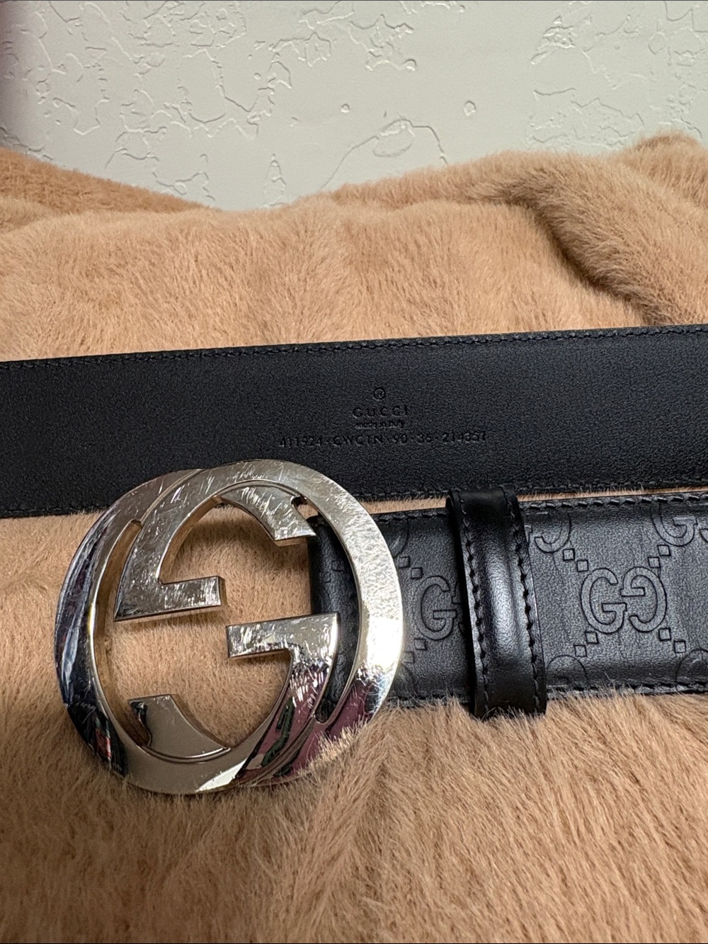 Gucci Black Leather GG Signature Belt with Silver Double G Buckle